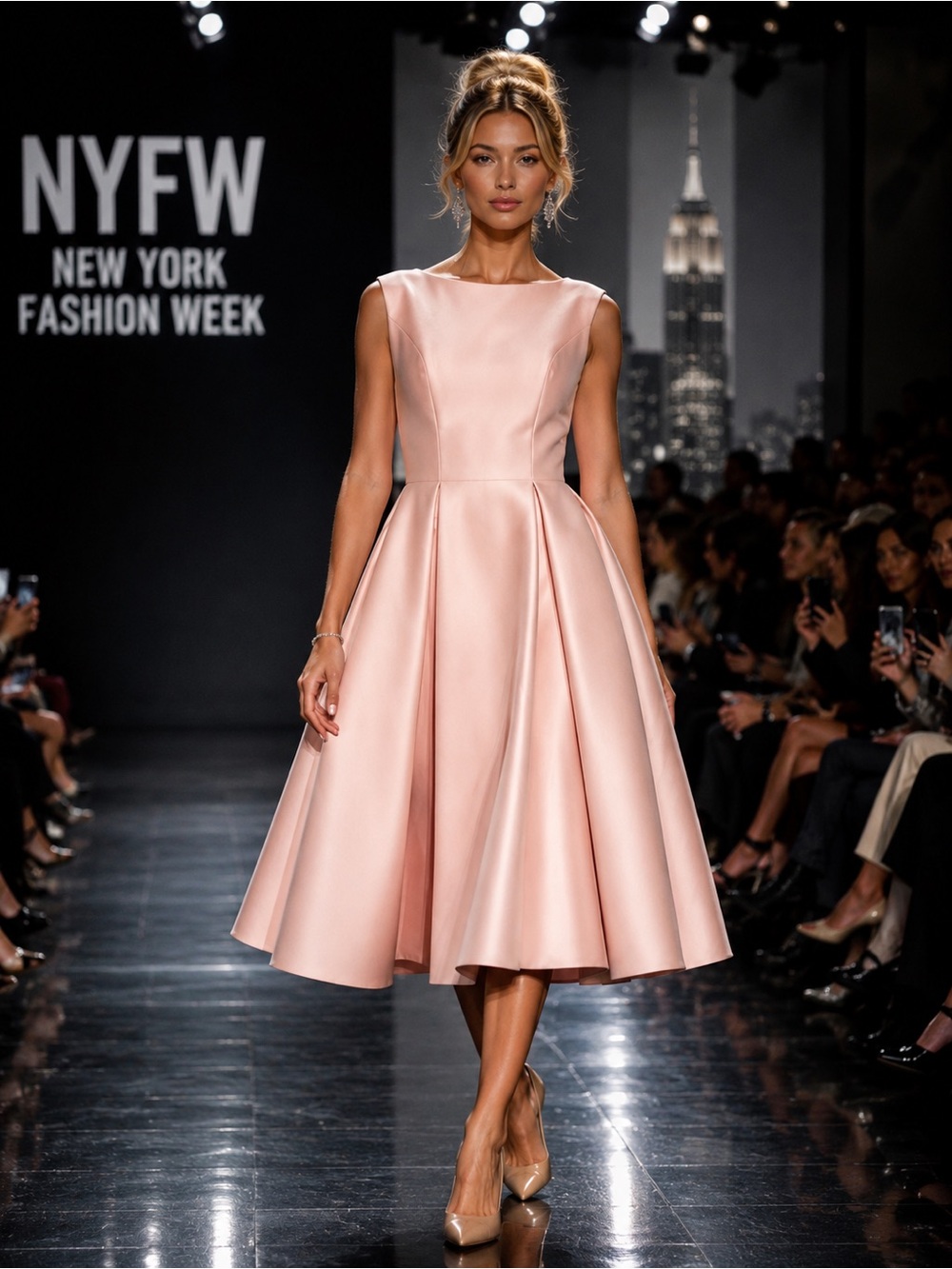 Sleeveless Blush Pink Midi Satin Fit-and-Flare Dress